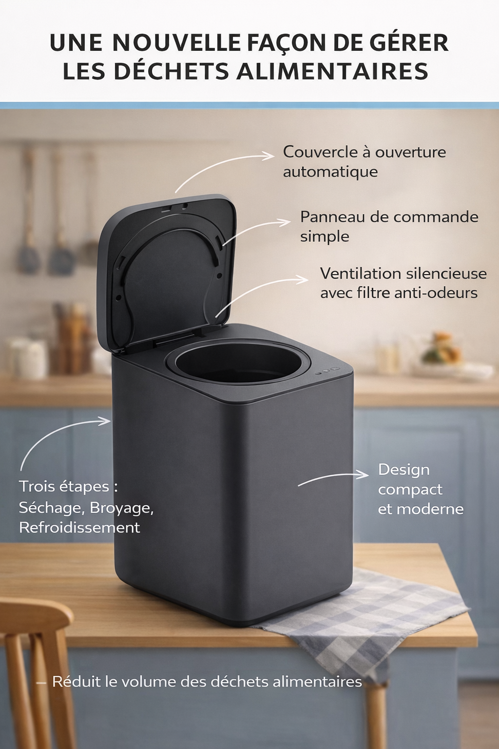 Composteur électrique de cuisine avec filtration au charbon actif – Ecoréa